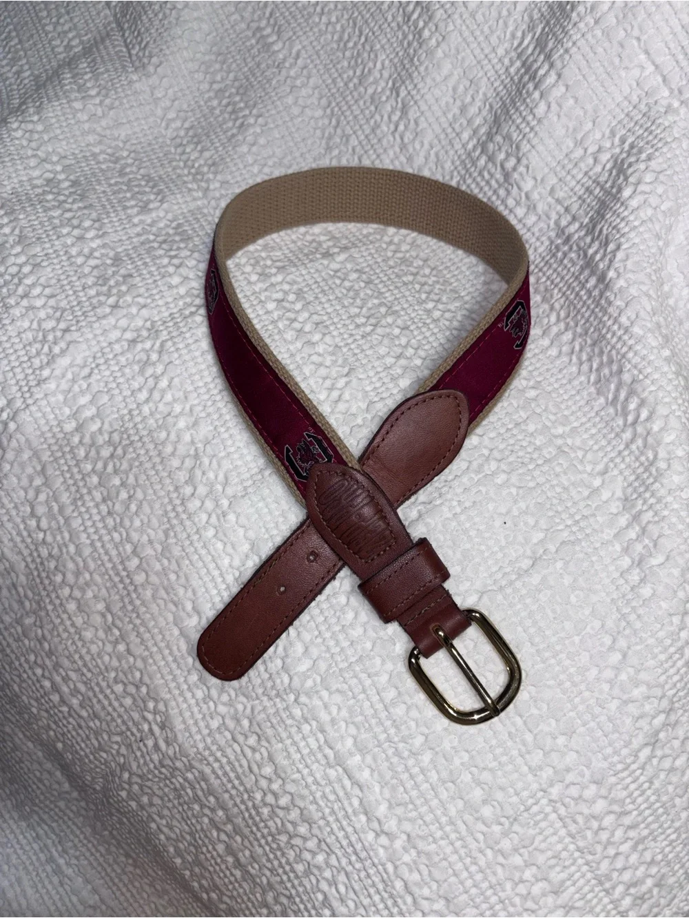 Boys University of South Carolina Maroon and Brown Leather-Trim Belt size 24